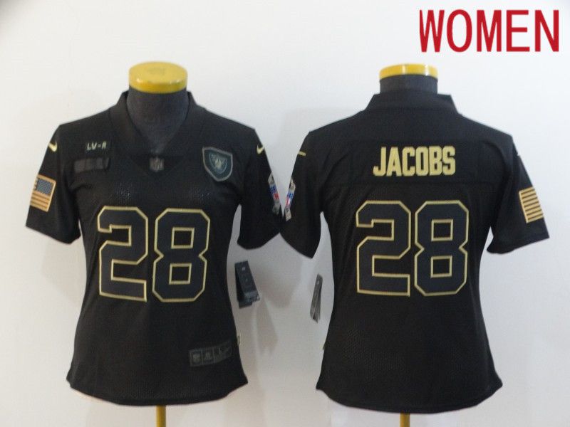 Women Oakland Raiders 28 Jacobs Black Retro Gold Lettering 2020 Nike NFL Jersey